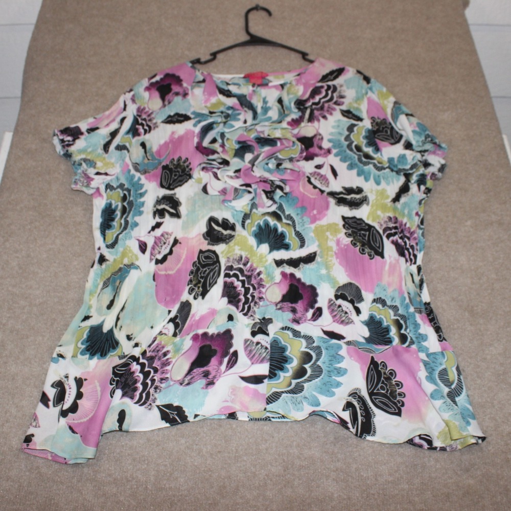 Sunny Leigh Woman Blouse 2X Pink Teal Floral Ruffle Neck Short Sleeve Top